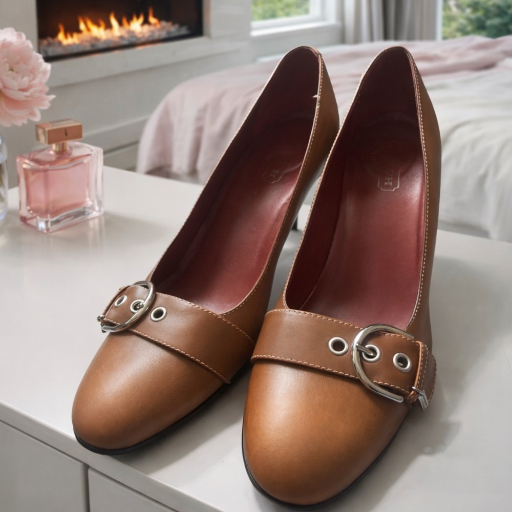 Coach Shoes Mandel Brown Leather Buckle Pumps
